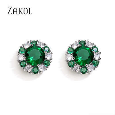 ZAKOL lihtsad rohelised ümmargused kuupmeetrist tsirkooniumoksiidist kõrvarõngad armsad lilledega kõrvarõngad õrnad sünnipäevaehted naistele