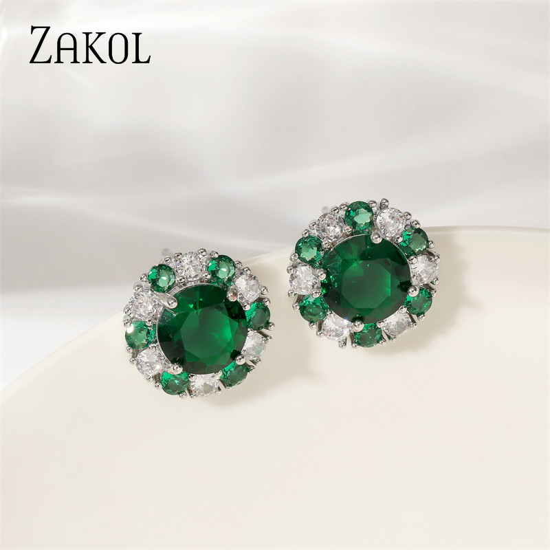 ZAKOL lihtsad rohelised ümmargused kuupmeetrist tsirkooniumoksiidist kõrvarõngad armsad lilledega kõrvarõngad õrnad sünnipäevaehted naistele