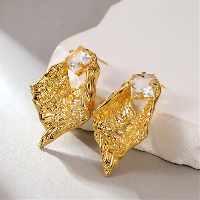 Luxusné náušnice s geometrickým nepravidelným kovovým dizajnom a zirkónovými listami pre ženy, európsky trend, vintage vysoké šperky, doplnky