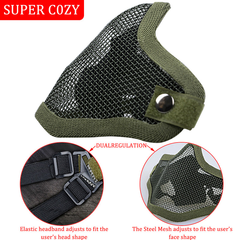 Taktiskās medības Airsoft peintbola aizsardzība metāla tērauda sieta pusapvalks Militārās Helovīna ballītes pusmaska