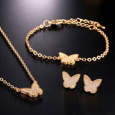 4 τμχ Μόδα Γυναικεία Χάλκινα Κυβικά Ζιργκόν Σκουλαρίκια Πεταλούδα Κολιέ Κρεμαστό Βραχιόλι Νύφη Κοσμήματα Σετ Φόρεμα Αξεσουάρ