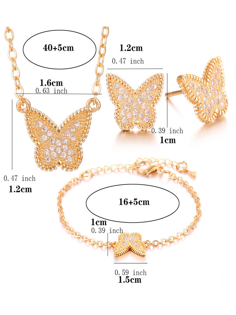 4 τμχ Μόδα Γυναικεία Χάλκινα Κυβικά Ζιργκόν Σκουλαρίκια Πεταλούδα Κολιέ Κρεμαστό Βραχιόλι Νύφη Κοσμήματα Σετ Φόρεμα Αξεσουάρ