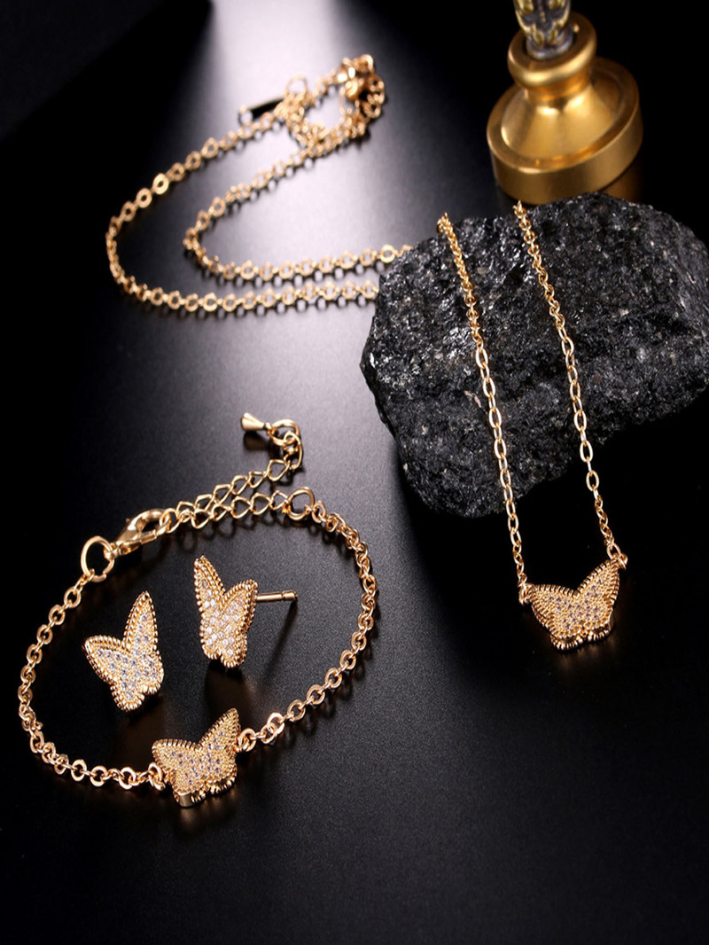 4 τμχ Μόδα Γυναικεία Χάλκινα Κυβικά Ζιργκόν Σκουλαρίκια Πεταλούδα Κολιέ Κρεμαστό Βραχιόλι Νύφη Κοσμήματα Σετ Φόρεμα Αξεσουάρ
