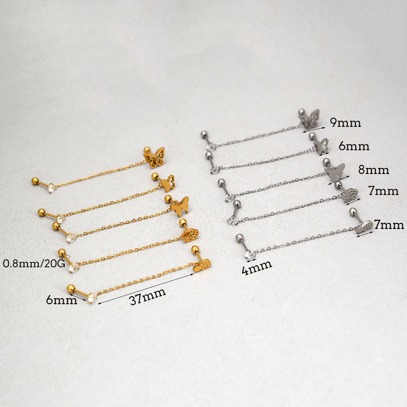 1 tk roostevabast terasest kristallist CZ kahe auguga ketiga kõrvarõngas armas liblikas maasikas kõrva kõhr Helix augustamine peoehted