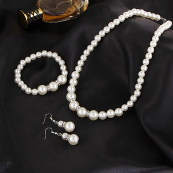 Елегантна бяла изкуствена перлена огърлица, обеци и гривна, верижка с перлени мъниста, капкови обеци, комплект бижута за жени