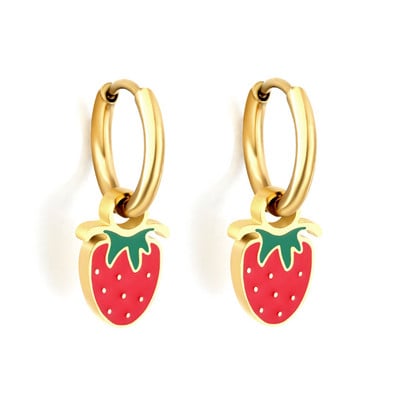 Stainless Steel Hoop Earrings Trendy Cartoon Strawberry Cherry Pendants Women Girls Round Huggie Earrings Dangles Party Jewelry