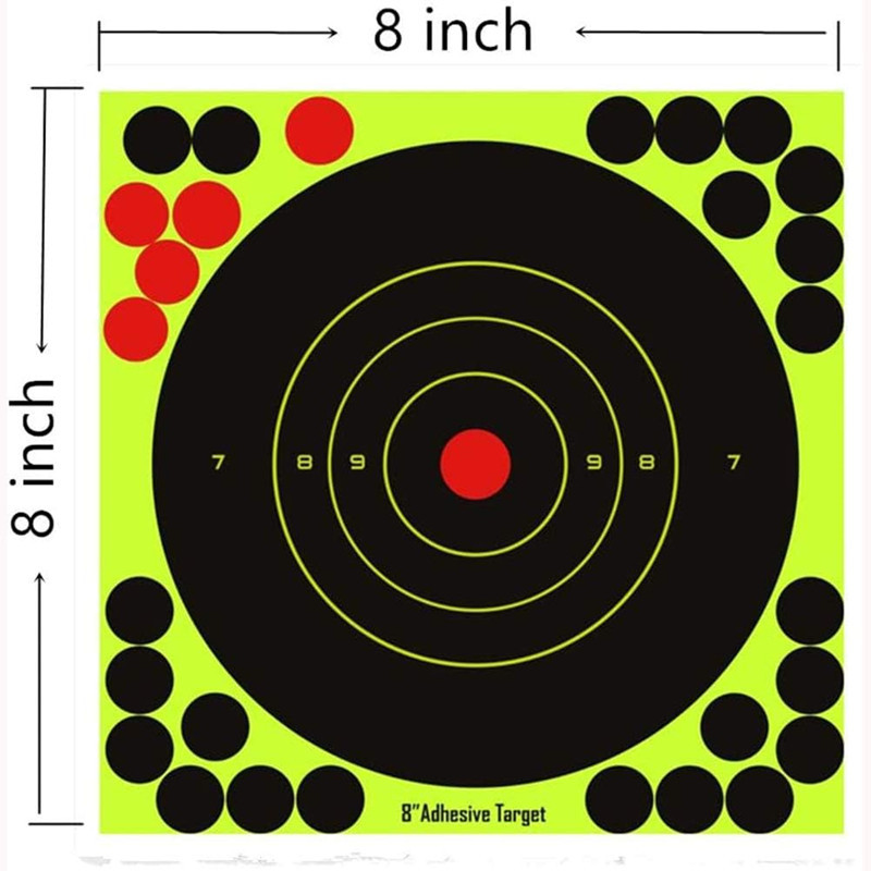 5–30 gab. apaļi, mērķīšu plāksnītes, izšļakstītais papīrs, reaktīvais šaušanas vilciens, 8 collas, pašlīmējošās uzlīmes, medību punkti, šautenes