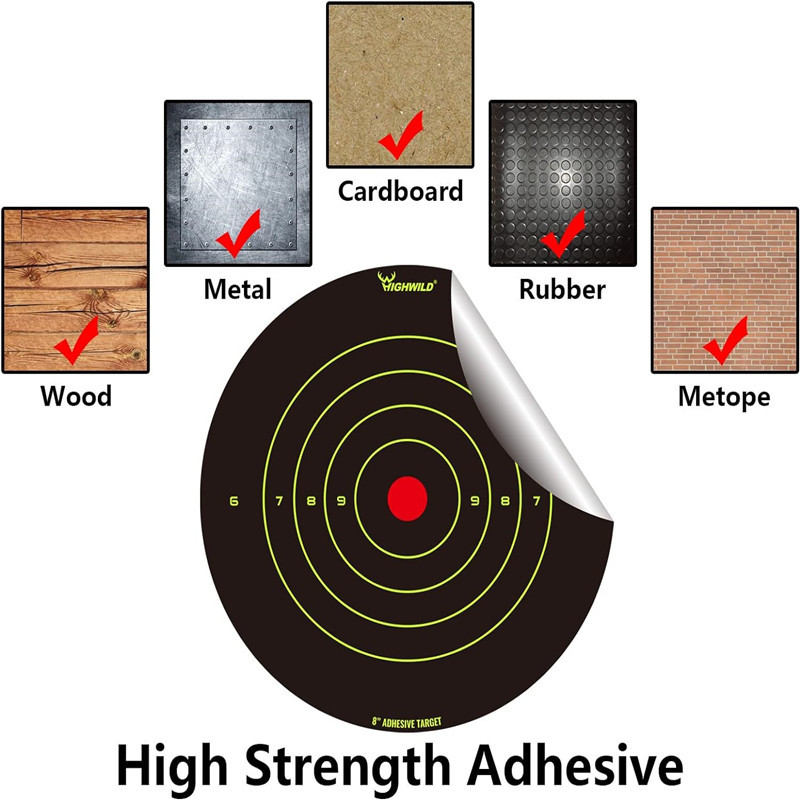 5–30 gab. apaļi, mērķīšu plāksnītes, izšļakstītais papīrs, reaktīvais šaušanas vilciens, 8 collas, pašlīmējošās uzlīmes, medību punkti, šautenes