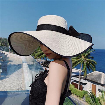 Ψάθινα καπέλα παραλίας 15 εκατοστών με φαρδύ γείσο για γυναίκες Απλά πτυσσόμενα καπέλο καλοκαιρινής εξόδου μόδας Flat Brom Bowknot Uv Protection Panama