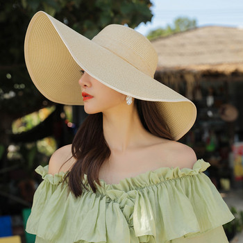 Плажни сламени шапки с 15 см широка периферия за жени Проста сгъваема лятна шапка за слънце Модна плоска бромирана панделка UV защита Панама