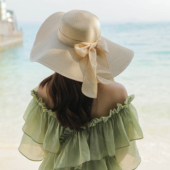 Плажни сламени шапки с 15 см широка периферия за жени Проста сгъваема лятна шапка за слънце Модна плоска бромирана панделка UV защита Панама