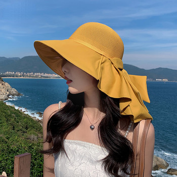 Лятна дамска шапка-кофа с шал Лека дишаща мрежеста защита за лице и врат Слънцезащитна шапка С плисета с панделка Дизайн на плажна шапка Пътуване