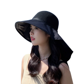 Лятна дамска шапка-кофа с шал Лека дишаща мрежеста защита за лице и врат Слънцезащитна шапка С плисета с панделка Дизайн на плажна шапка Пътуване