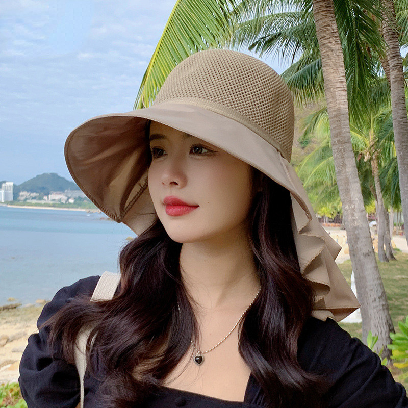 Suvine naiste ämbrimüts salliga Kerge hingav võrk, näo kaela kaitse päikesemüts Bow Pleat rannamütsi disain reisimine