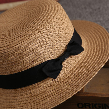 Летни шапки за жени Шапка за слънце Плажна дамска мода Плосък бром Bowknot Panama Lady Ежедневни шапки за слънце за жени Сламена шапка