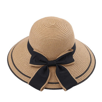 Пролетна и лятна плетена сламена шапка Дамска универсална плажна шапка с щит от слънце с панделка с голям ръб Благороден стил Шапка с щит от слънце