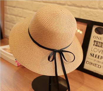 Сламени слънчеви шапки с панделка с широка периферия за жени, момичета, лятна UV защита, сгъваема плажна шапка, шапка с панамка за пътуване на открито
