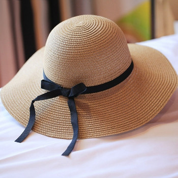 Ψάθινα καπέλα ηλίου με κορδέλα με φαρδύ γείσο για γυναίκες κορίτσια Καλοκαιρινή προστασία από την υπεριώδη ακτινοβολία, Πτυσσόμενο καπέλο παραλίας για υπαίθριο ταξίδι Panama Cap