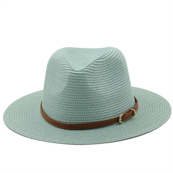 21 цвята Едноцветна сламена шапка с кафяв колан Широка периферия Защита от слънце Унисекс Плажна шапка Дамска лятна шапка на открито с джаз Панама