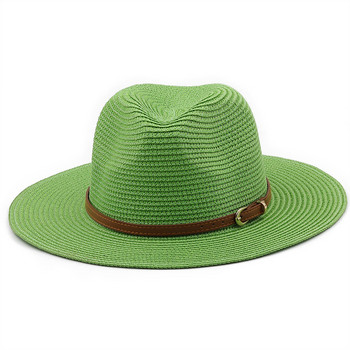21 цвята Едноцветна сламена шапка с кафяв колан Широка периферия Защита от слънце Унисекс Плажна шапка Дамска лятна шапка на открито с джаз Панама