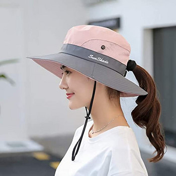 Γυναικείο καπέλο για αντηλιακό σαφάρι με αλογοουρά, καπέλο εξωτερικού χώρου με προστασία από υπεριώδη ακτινοβολία, πτυσσόμενο καπέλο καλοκαιρινού ψαρέματος παραλίας