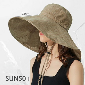 Καλοκαιρινό φαρδύ γείσο λινό καπέλο ηλίου 18 εκ. για γυναίκες με προστασία υπεριωδών ακτίνων UPF 50+ Πτυσσόμενο καπέλο με καπέλο αντηλιακό καπέλο εξόρμηση στην παραλία Παναμά