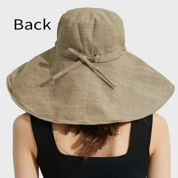 Летни 18 см ленени слънчеви шапки с широка периферия за жени UV защита UPF 50+ Сгъваема кофа с сенник Плажно излети Панама