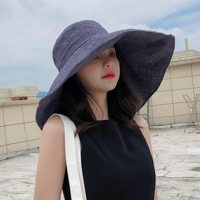 Suvised laia äärega 18 cm linased päikesekübarad naistele UV-kaitsega UPF 50+ päikesevari Kokkupandav ämbrimüts Rannaväljakule Panama