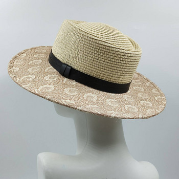 Мъжка слънчева шапка с цветя от кашу и дизайн на зашити ръбове Сламена шапка Пътна плажна шапка Унисекс плосък цилиндър в европейски и американски стил