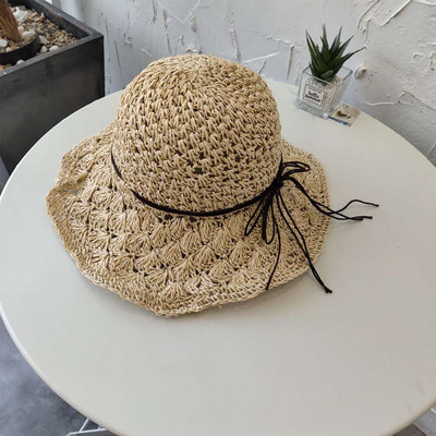 Căciulă de paie pliabilă pentru femei, cu boruri largi, bowknot, plajă de vară