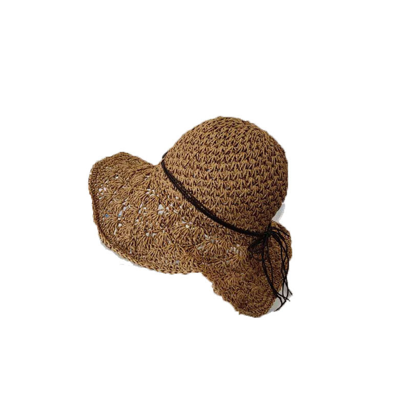 Căciulă de paie pliabilă pentru femei, cu boruri largi, bowknot, plajă de vară