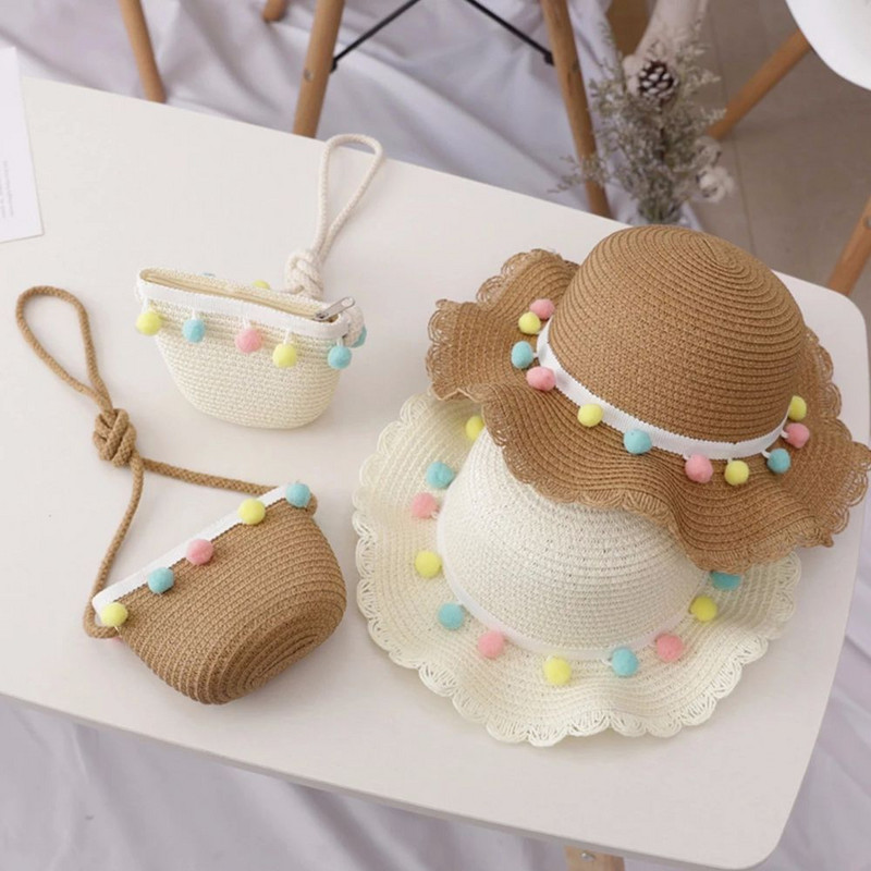 Nešiojama madinga vasaros skrybėlė Spalvinga lanksčioji pomponinė šiaudinė austinė rankinė paplūdimio kepurė