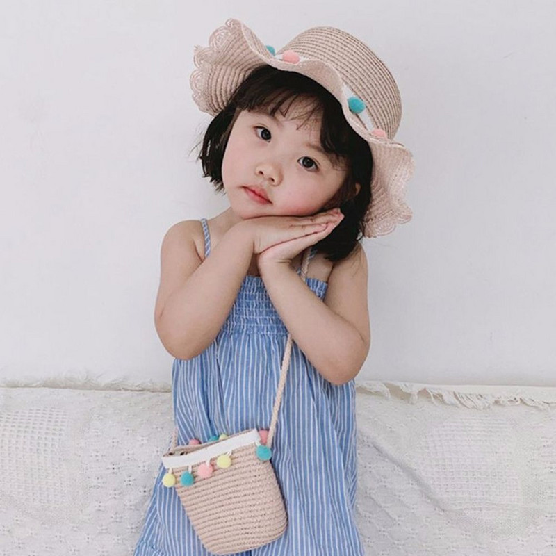 Nešiojama madinga vasaros skrybėlė Spalvinga lanksčioji pomponinė šiaudinė austinė rankinė paplūdimio kepurė