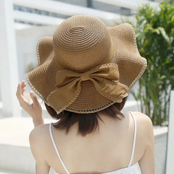 Пролетна и лятна дамска сламена шапка за слънце Слънчева шапка с голяма периферия Бамбукова шапка с панделка Модна рибарска шапка на открито H28