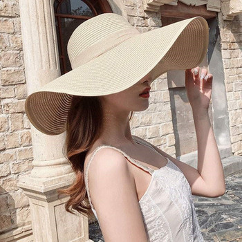 Κομψό γυναικείο ψάθινο καπέλο με μεγάλο γείσο και μεγάλη περιφέρεια κεφαλιού Μονόχρωμο καλοκαιρινό καπέλο με φαρδύ γείσο Ταξίδι Παραθαλάσσιο καπέλο για ήλιο