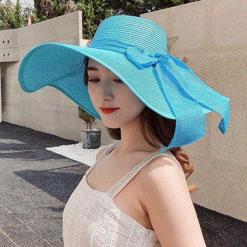 Дамска елегантна сламена шапка с голяма периферия и голяма обиколка на главата Едноцветна лятна шапка с широка периферия Пътуваща шапка за слънце на морето