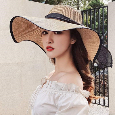 Sieviešu eleganta salmu cepure ar lielām malām un lielu galvas apkārtmēru vienkrāsaina platmalu vasaras cepure Ceļojuma saules cepure pie jūras