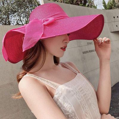 Sieviešu eleganta salmu cepure ar lielām malām un lielu galvas apkārtmēru vienkrāsaina platmalu vasaras cepure Ceļojuma saules cepure pie jūras