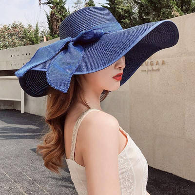 Sieviešu eleganta salmu cepure ar lielām malām un lielu galvas apkārtmēru vienkrāsaina platmalu vasaras cepure Ceļojuma saules cepure pie jūras