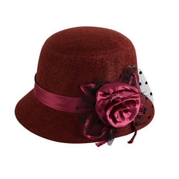 Γυναικεία καπέλο γυναικεία καπέλα βρετανικού στυλ Flax Fedora Καλοκαίρι Διατηρούνται ζεστά το Φθινόπωρο Χειμώνα ρετρό με φαρδύ στρογγυλό καπέλο λουλουδιών