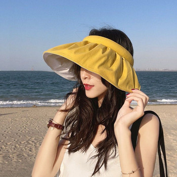 Καπέλο παραλίας 2022 Καλοκαίρι Νέα Άδεια Κορυφαία Γυναικεία Αντιηλιακή Προστασία με Φαρδύ γείσο κάλυμμα προσώπου με υπεριώδη ακτίνα κεφαλόδεσμο διπλής χρήσης συμπαγή καπέλα
