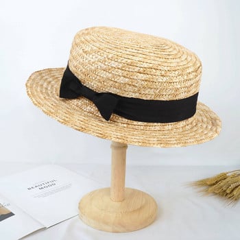 Χαριτωμένο παιδικό ψάθινο καπέλο με παπιγιόν Παιδικό καπέλο ηλίου με μεγάλο γείσο, καλοκαιρινή κορδέλα παραλίας για βαρκάδα, στρογγυλή επίπεδη κορυφή Καπέλο Fedora