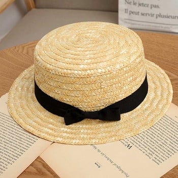 Χαριτωμένο παιδικό ψάθινο καπέλο με παπιγιόν Παιδικό καπέλο ηλίου με μεγάλο γείσο, καλοκαιρινή κορδέλα παραλίας για βαρκάδα, στρογγυλή επίπεδη κορυφή Καπέλο Fedora