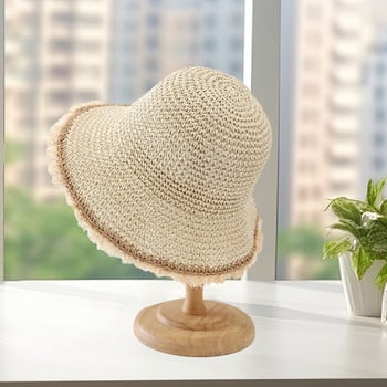 Слънцезащитна шапка с широка периферия от трева, дишаща, сгъваема слънцезащита, рибарска шапка, ваканционна плажна шапка за пътуване на открито