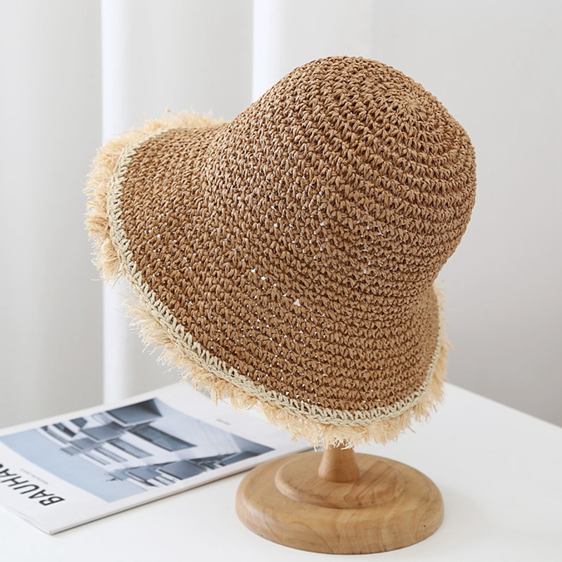 Murust valmistatud laia äärega karusnahast äärtega päikesemüts hingav kokkupandav päikesekaitse Kalurimüts Puhkuse rannas õues reisimüts