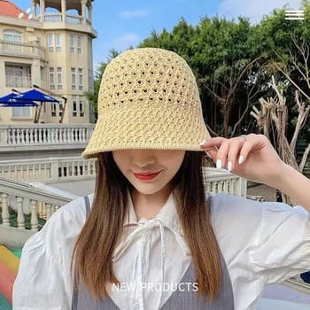 Καπέλο καλοκαιρινού κάδου Γυναικεία πτυσσόμενα κούφια πλεκτά καπέλα μονόχρωμο καπέλο ηλίου Fisherman Caps Casual Cap Beach