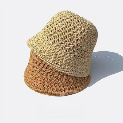 Лятна шапка с кофа Дамски сгъваеми кухи плетени шапки Едноцветна шапка за слънце Рибарски шапки Ежедневна плажна шапка