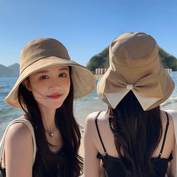 Модна дамска лятна шапка за слънце със сладък бантик с голяма периферия Слънцезащитен крем Козирка за слънце Шапка за пътуване на открито