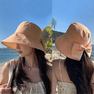 Fashion Women Summer Sun Hat With Cute Bowknot Big Brim Sunscreen Sun Visor Bucket Hat For Outdoor Travel
