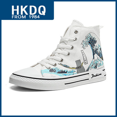 HKDQ jauni rudens augstas augšdaļas vīriešu audekla apavi Modes apdruka balti vīriešu vulkanizācijas apavi Neslīdoši vīriešu ikdienas skeitborda čības